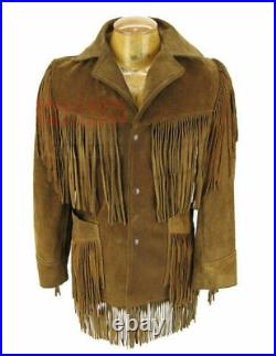 New Men Brown Suede Western Leather Jacket Cowboy Style With Fringe SU765