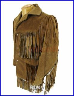 New Men Brown Suede Western Leather Jacket Cowboy Style With Fringe SU765