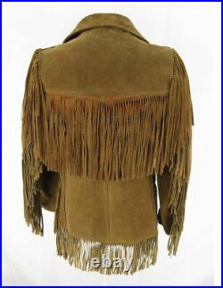 New Men Brown Suede Western Leather Jacket Cowboy Style With Fringe SU765