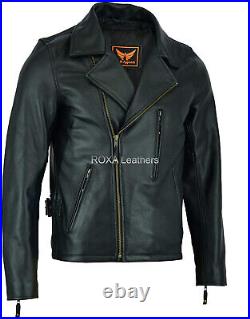 New Men Genuine Cowhide 100% Leather Jacket Motorcycle Party Wear Black Cow Coat