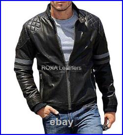 New Men Genuine Cowhide Leather Jacket Motorcycle Cow Stylish Quilted Black Coat