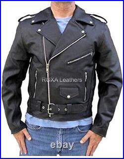 New Men Genuine Cowhide Real Leather Jacket Biker Cow Stylish Belted Black Coat