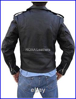 New Men Genuine Cowhide Real Leather Jacket Biker Cow Stylish Belted Black Coat