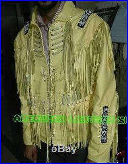 New Men Indian Western Style Biege Cowboy Leather Jacket With Fringe Bones