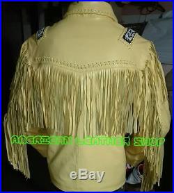 New Men Indian Western Style Biege Cowboy Leather Jacket With Fringe Bones