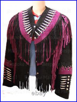 New Men's American Native Western Leather Coat Jacket Fringes Bones Studs-249