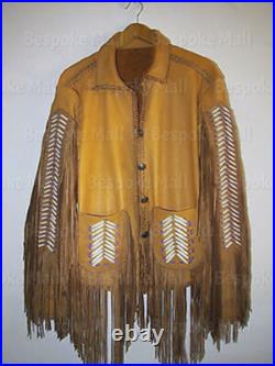 New Men's American Native Western Style Cowboy Leather Coat With Fringes-603