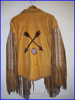 New Men's American Native Western Style Cowboy Leather Coat With Fringes-603