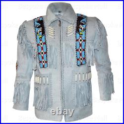 New Men's American Western Handmade White Suede Leather Jacket Fringes Beads-525 New Men's American Western Handmade White Suede Leather Jacket Fringes Beads-525