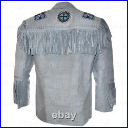 New Men's American Western Handmade White Suede Leather Jacket Fringes Beads-525 New Men's American Western Handmade White Suede Leather Jacket Fringes Beads-525
