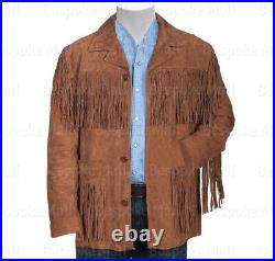 New Men's American Western Native Tussle Brown Suede Fringed Coat Jacket-305