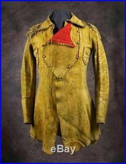 New Men's Cowboy Native American Western Buckskin Fringes Leather Jacket Coat