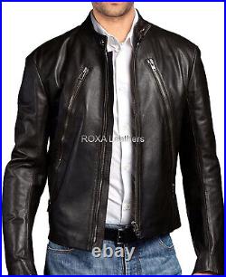 New Men's Genuine Cowhide Real Leather Jacket Biker Cow Outdoor Wear Black Coat