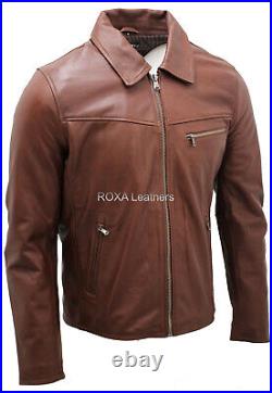 New Men's Genuine Cowhide Real Leather Jacket Motorcycle Biker Brown Coat Collar