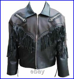 New Men's Handmade Western Leather Wear Cowboy Fringe Style Beads Coat Jacket