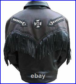 New Men's Handmade Western Leather Wear Cowboy Fringe Style Beads Coat Jacket