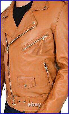 New Men's Lambskin 100% Leather Jacket Biker Motorcycle Stylish Belted Tan Coat