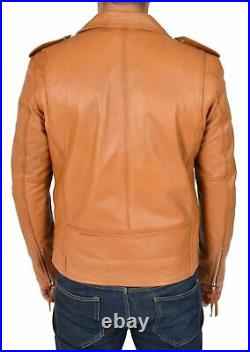 New Men's Lambskin 100% Leather Jacket Biker Motorcycle Stylish Belted Tan Coat