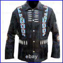 New Men's Western American Handmade Cowboy Leather Jacket Fringe Eagle Bead-577