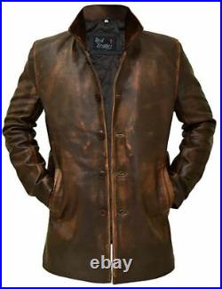 New Men's Western Distressed Sheepskin Sheriff Leather Jacket Coat