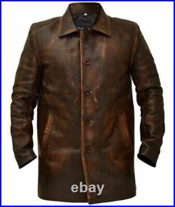 New Men's Western Distressed Sheepskin Sheriff Long Real Leather Jacket Coat