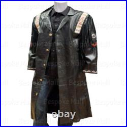 New Mens American Western Style Black Cowboy Leather Long Coat Fringes Beads-95 New Mens American Western Style Black Cowboy Leather Long Coat Fringes Beads-95