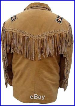 New Mens Classic Western Wear Brown Suede Leather Coat Fringe All Sizes