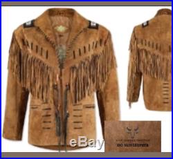 New Mens Cowboy Native American Western Buckskin Leather Jacket Coat WS042