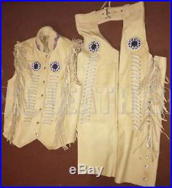 New Mens Handmade Western Cow Leather Jacket Vest and Pants Bones, Fringe Beads
