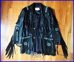 New Mens Western Style Scully Black Cowboy Leather Jacket Fringes Beads Patches