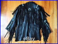New Mens Western Style Scully Black Cowboy Leather Jacket Fringes Beads Patches
