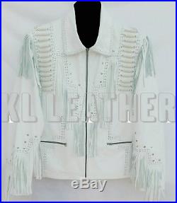New Mens Western Style Scully White Cowboy Leather Jacket Fringes Studs