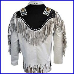 New Mens White Handmade Western American Style Cowboy Leather Jacket Fringes