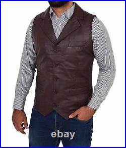 New Orignal Vest Coat Jacket Lambskin Leather Men Button Waistcoat Brown Western