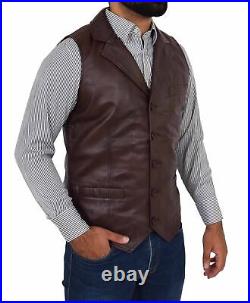 New Orignal Vest Coat Jacket Lambskin Leather Men Button Waistcoat Brown Western