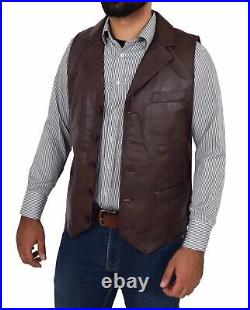 New Orignal Vest Coat Jacket Lambskin Leather Men Button Waistcoat Brown Western