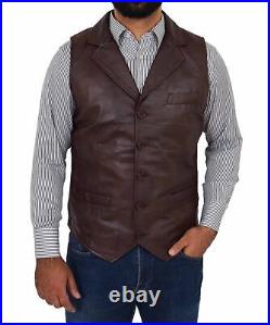 New Orignal Vest Coat Jacket Lambskin Leather Men Button Waistcoat Brown Western