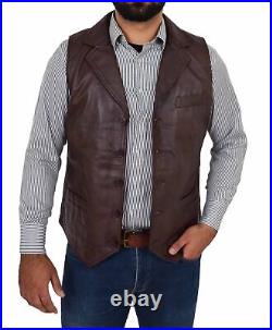 New Orignal Vest Coat Jacket Lambskin Leather Men Button Waistcoat Brown Western