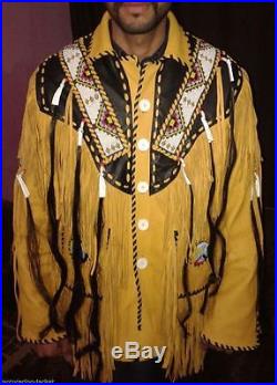 New Western Fringed Buckskin Native American Indian Fringe Bones Coat jackets