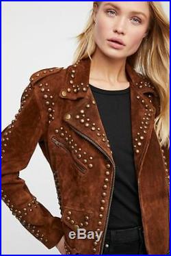 New Woman Brown American Western Golden Studded Suede Leather Jacket