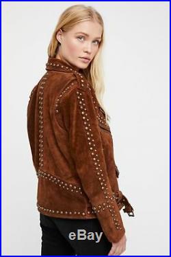 New Woman Brown American Western Golden Studded Suede Leather Jacket