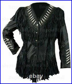New Women Black Western Wear Suede Leather Jacket Cowlady Fringed style Coat-425