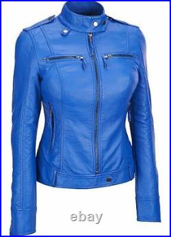 New Women's Blue Leather Jacket 100% Real Lambskin Causal Slim Fit Coat Jacket