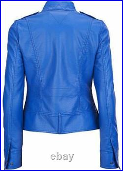 New Women's Blue Leather Jacket 100% Real Lambskin Causal Slim Fit Coat Jacket