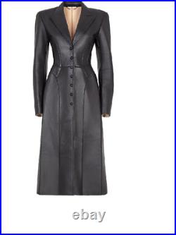 Noora New Women's Black Lambskin Leather Trench Coat With Button's