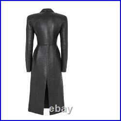 Noora New Women's Black Lambskin Leather Trench Coat With Button's