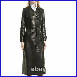 Noora Women's Black Leather Trench Coat Lambskin Long Overcoat Winter Jacket SP6