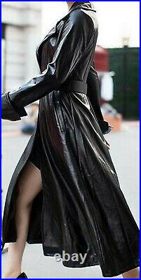 Noora Women's Black Leather Trench Coat Lambskin Long Overcoat Winter Jacket SP6