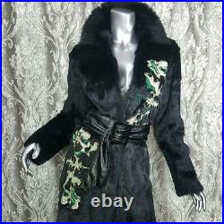 Nwot$800sgenuine Black Leather Real Rabbit Fur Reversible Long Coat Jacket