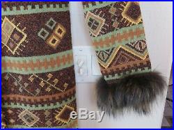 Nwot Double D Ranch Lambswool Raccoon Fur Trim Indian Design Sweater Coat Med
